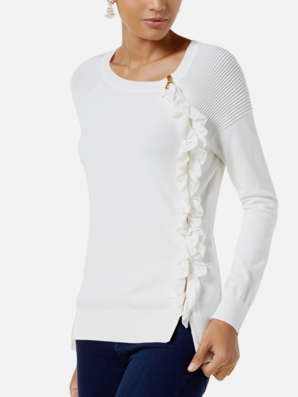 INC Black Ruffle Zip Pullover - Picture 2 of 8